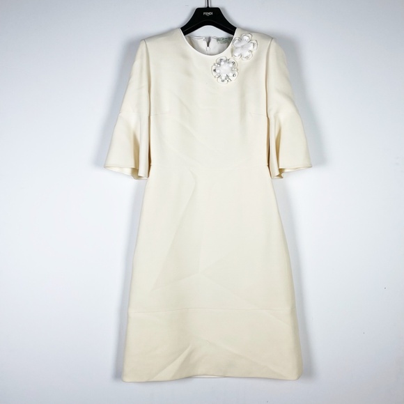 Fendi Roma Made In italy Wool Blend Crepe Flower Applique Ivory Sheath Dress S - Picture 1 of 3